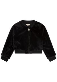 Černá krátká bunda z umělé kožešiny s dlouhými rukávy, žebrovanými rukávy a spodním lemem a předním zipem s kulatým přívěskem s logem MK.