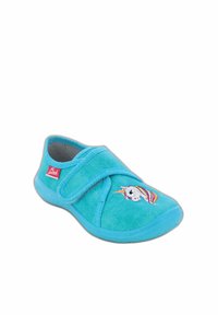 Turquoise stoffen schoen met een klittenbandsluiting, voorzien van een geborduurd eenhoornontwerp en regenboogdetails aan de zijkant. Zacht, afgerond van vorm.