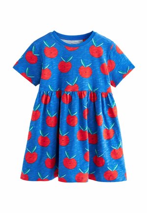 Robe bleu à manches courtes pour tout-petit, avec taille froncée, ornée d'un motif de pommes rouges avec des feuilles vertes.