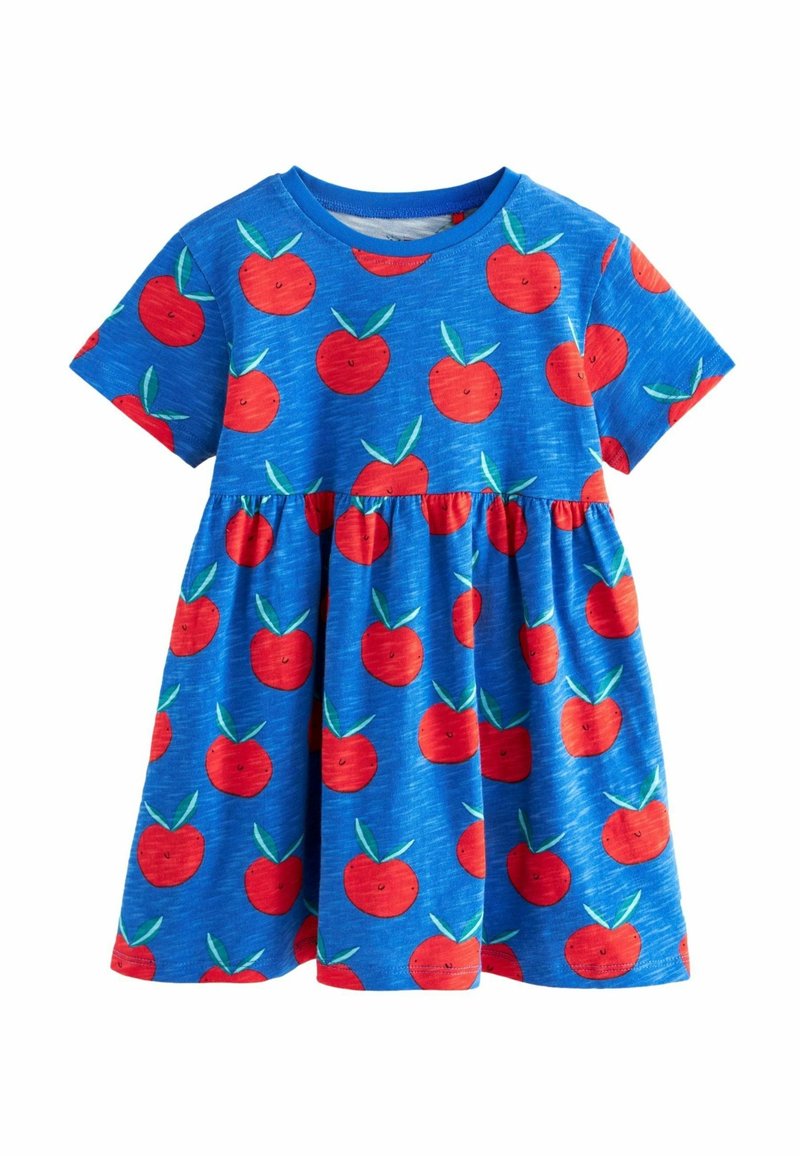 Robe bleu à manches courtes pour tout-petit, avec taille froncée, ornée d'un motif de pommes rouges avec des feuilles vertes.
