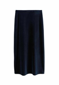 Gonna a matita in velluto blu navy con una texture liscia, lunghezza al ginocchio e orlo leggermente curvo. Design senza cuciture con chiusure non visibili.