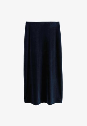 Mörkblå sammetskjol i pennmodell med slät textur, knälång och en något rundad fåll. Sömlös design utan synliga stängningar.