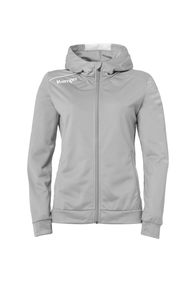 Giacca grigia chiara con zip frontale, cappuccio e marchio Kampa. Presenta un tessuto liscio e maniche lunghe aderenti con polsini.