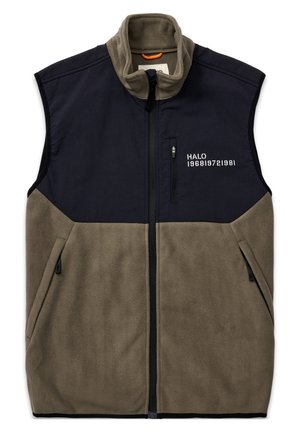 Ärmellose Fleeceweste in Olivgrün und Schwarz mit Frontreißverschluss, Reißverschlusstasche auf der Brust, Seitentaschen und dem Schriftzug "HALO 196819721981" auf der Brust.