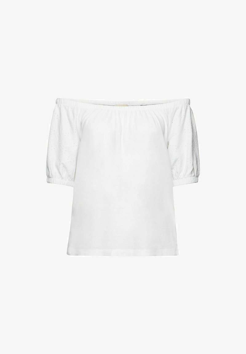 Haut blanc à épaules dénudées avec des manches courtes bouffantes. Fabriqué en coton doux, il présente un motif texturé avec des accents brodés.