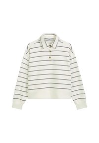 Witte polo met lange mouwen en marineblauwe horizontale strepen, drie gouden knopen bij de kraag en een verkorte zoom. Zachte, gestructureerde stof.