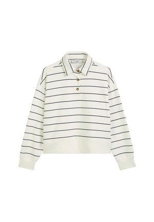 Hvit langermet polo med marineblå horisontale striper, tre gullknapper ved kragen, og en kort hum. Myk, teksturert stoff.