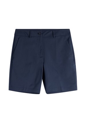 Granatowe, dopasowane spodenki z zapięciem na guziki, szlufkami na pasek, bocznymi kieszeniami i małym logo na prawej udzie.