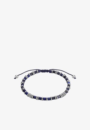 Bracelet ajustable avec des perles de pierre bleu foncé alternant avec des anneaux en argent sur un cordon violet.