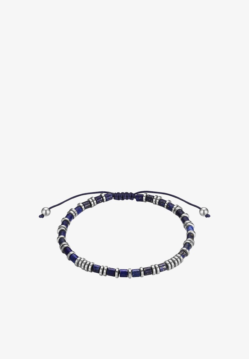 Bracelet ajustable avec des perles de pierre bleu foncé alternant avec des anneaux en argent sur un cordon violet.