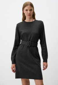 Robe grise à manches longues avec un col rond, taille ceinturée et un tissu texturé. Elle présente une silhouette droite et une longueur mi-thigh.