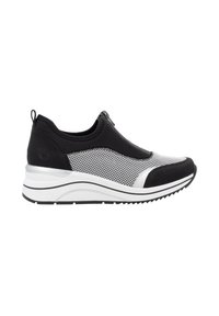 Black and white athletic shoe featuring a mesh upper, cushioned sole, slip-on design, and a small zip accent on the side.