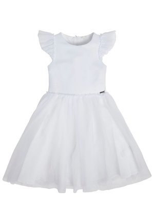 Robe blanche sans manches pour fille avec des épaules à volants et une jupe en tulle complète, avec une fermeture éclair dans le dos.