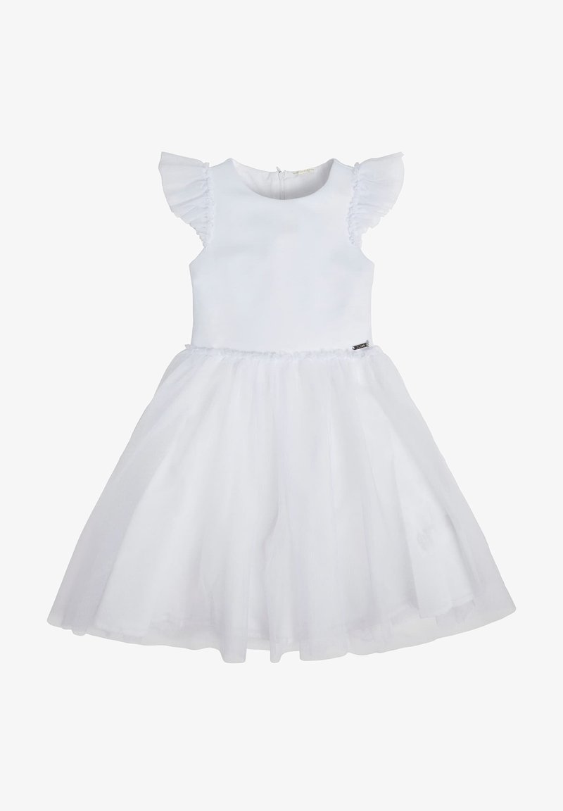 Robe blanche sans manches pour fille avec des épaules à volants et une jupe en tulle complète, avec une fermeture éclair dans le dos.