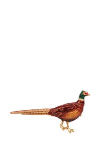 Pheasant brooch with detailed brown, green, and red enamel on gold-tone metal, showing side profile and long tail feathers.