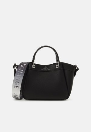 Black pebbled leather handbag with short handles, detachable strap, silver hardware, and a logo band. Smooth texture and structured shape.