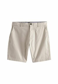 Shorts en coton beige avec un devant plat, deux poches latérales et une fermeture à bouton unique. Texture lisse avec une coupe ajustée.