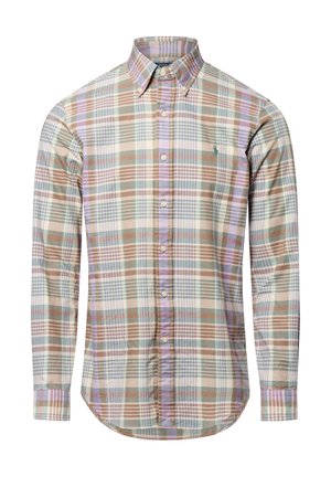 Geruite, beige, bruine en pastelgekleurde overhemd met lange mouwen. Knopsluiting met een ronde onderkant en logo-accent op de borst. Katoenen stof.