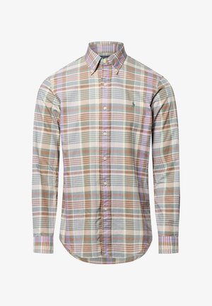 Camicia a maniche lunghe a quadri in beige, marrone e colori pastello. Colletto classico con orlo arrotondato e logo sul petto. Tessuto in cotone.