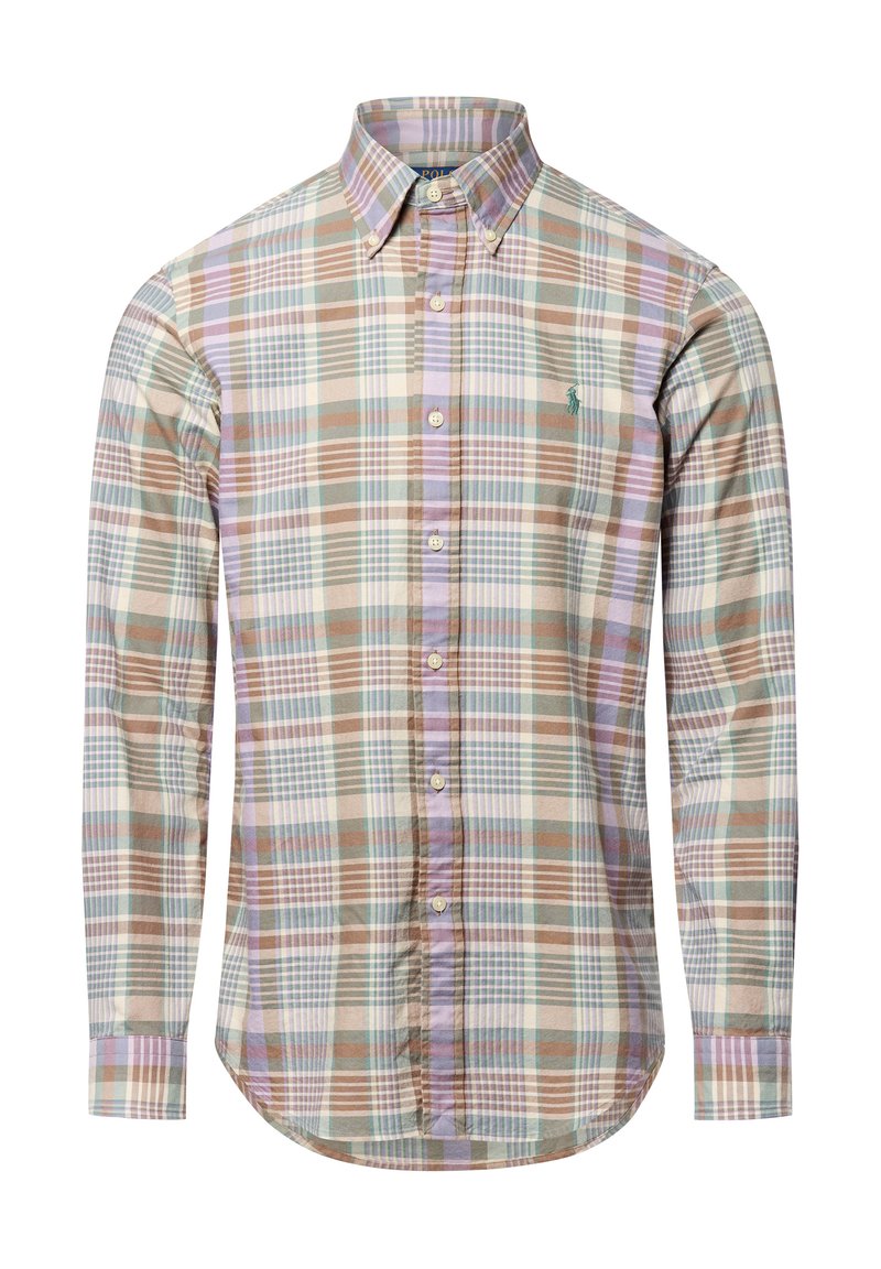 Chemise à manches longues à carreaux dans des tons beiges, marron et pastel. Col boutonné avec un ourlet arrondi et un accent logo sur la poitrine. Tissu en coton.