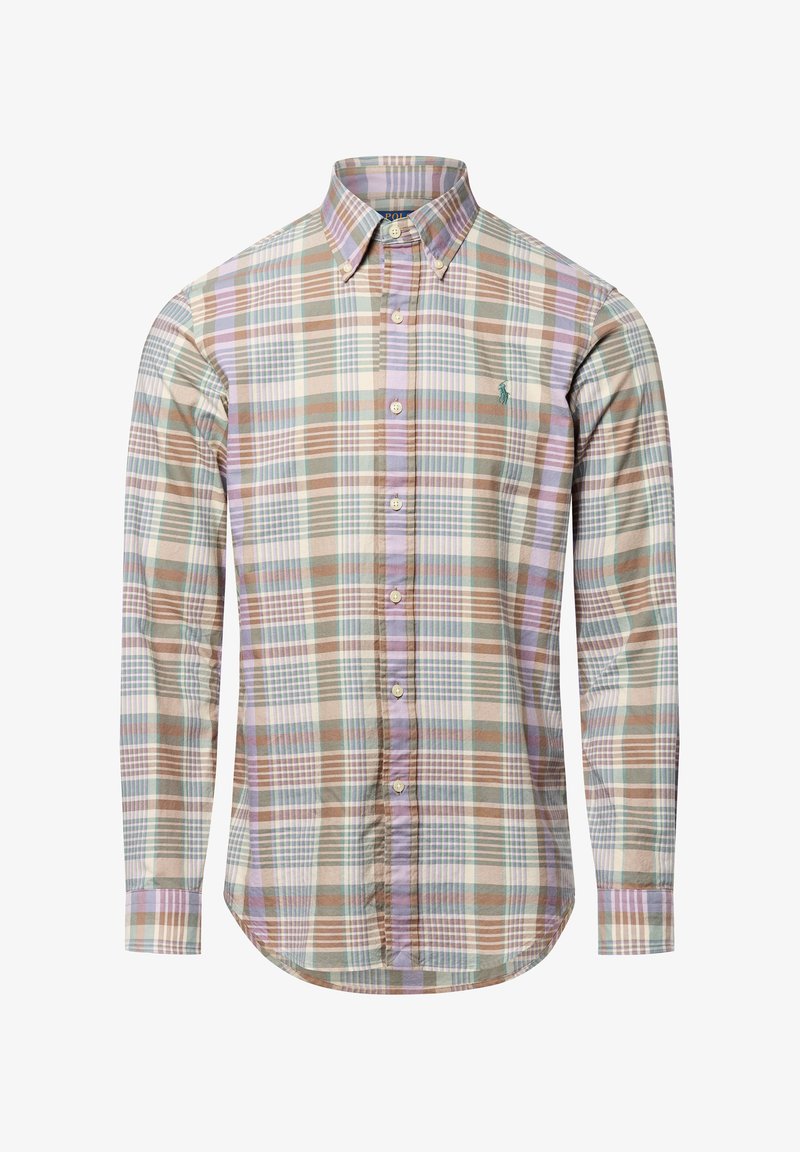 Chemise à manches longues à carreaux dans des tons beiges, marron et pastel. Col boutonné avec un ourlet arrondi et un accent logo sur la poitrine. Tissu en coton.