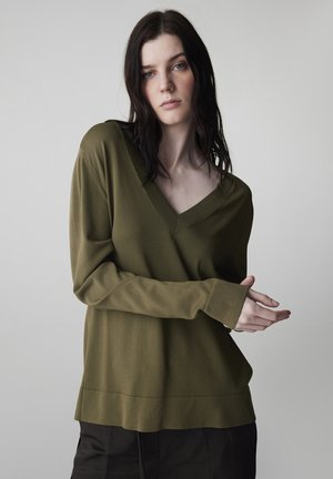 Junge Frau mit langen dunklen Haaren, die einen olivgrünen V-Ausschnitt-Pullover und schwarze Hose trägt, vor einem schlichten hellen Hintergrund stehend.