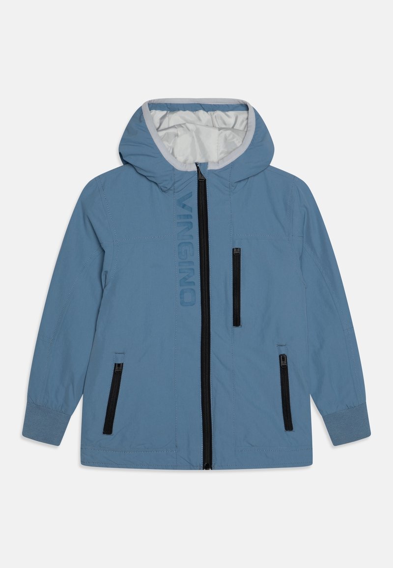 Light blue jacket with a hood, black zipper, and two zippered side pockets. Features a subtle logo along the front and elastic cuffs.