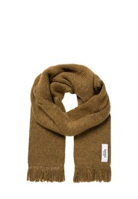 Brown ribbed scarf made from soft material, featuring fringed ends and a small white fabric label with text.