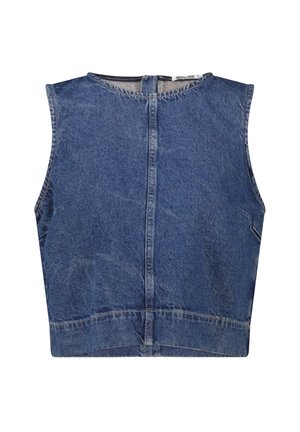 Gilet in denim blu senza maniche con scollo rotondo e zip visibile sul retro, che mostra cuciture a vista e una leggera sfumatura del tessuto.