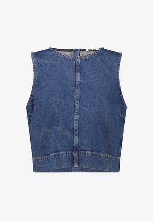 Gilet in denim blu senza maniche con scollo rotondo e zip visibile sul retro, che mostra cuciture a vista e una leggera sfumatura del tessuto.