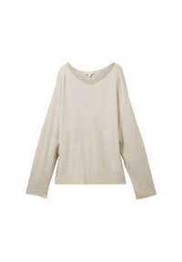 Beige geribde trui met een brede ronde halslijn, lange mouwen en een rechte snit, met een textuurstof en een centrale naad.