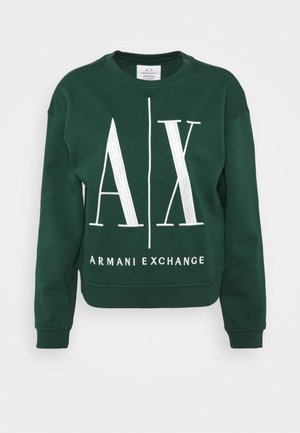 Ciemnozielona bluza Armani Exchange z dużym białym logo A|X i tekstem "ARMANI EXCHANGE" z przodu, długie rękawy i okrągły dekolt.