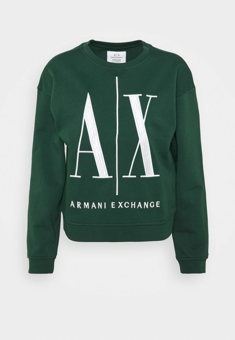 Sweat-shirt vert foncé Armani Exchange avec grand logo blanc A|X et texte "ARMANI EXCHANGE" sur le devant, manches longues et col rond.
