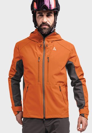 Orange wasserdichte Jacke mit grauen Akzenten, durchgehendem Reißverschluss, zwei Reißverschlusstaschen auf der Brust, verstellbarer Kapuze und strukturiertem Stoff für den Außenbereich.
