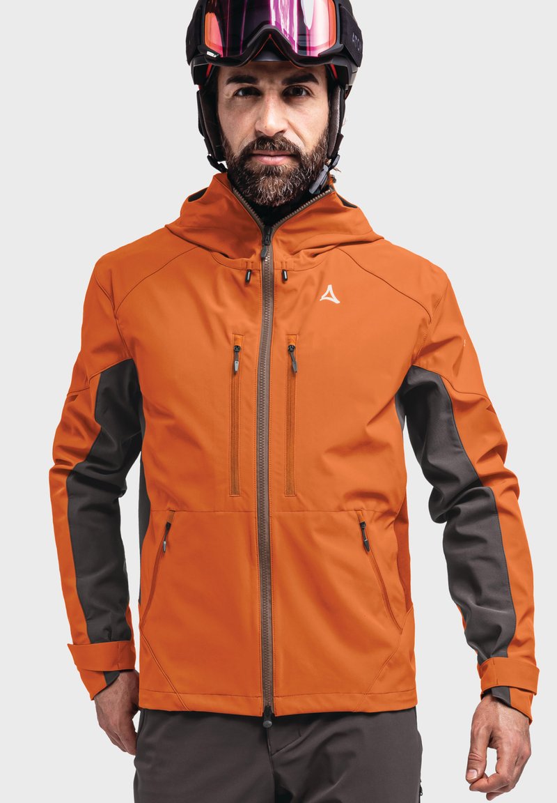 Orange waterproof jacket with gray accents, full zip, two zippered chest pockets, adjustable hood, and textured fabric for outdoor wear.