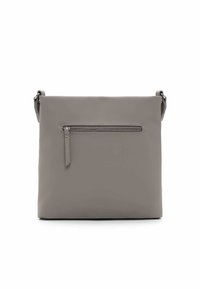 Gray leather crossbody bag with a smooth texture, rectangular shape, adjustable strap, and a front zip pocket with a slender pull tab.