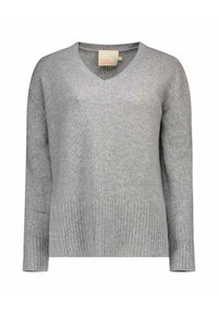 Maglione grigio in cashmere con scollo a V, maniche lunghe e orlo a coste. Tessuto morbido e vestibilità rilassata. Etichetta visibile all'interno del colletto.