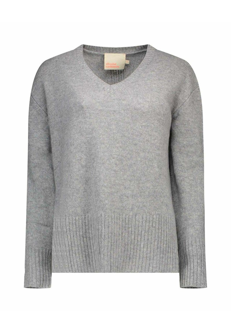 Maglione grigio in cashmere con scollo a V, maniche lunghe e orlo a coste. Tessuto morbido e vestibilità rilassata. Etichetta visibile all'interno del colletto.