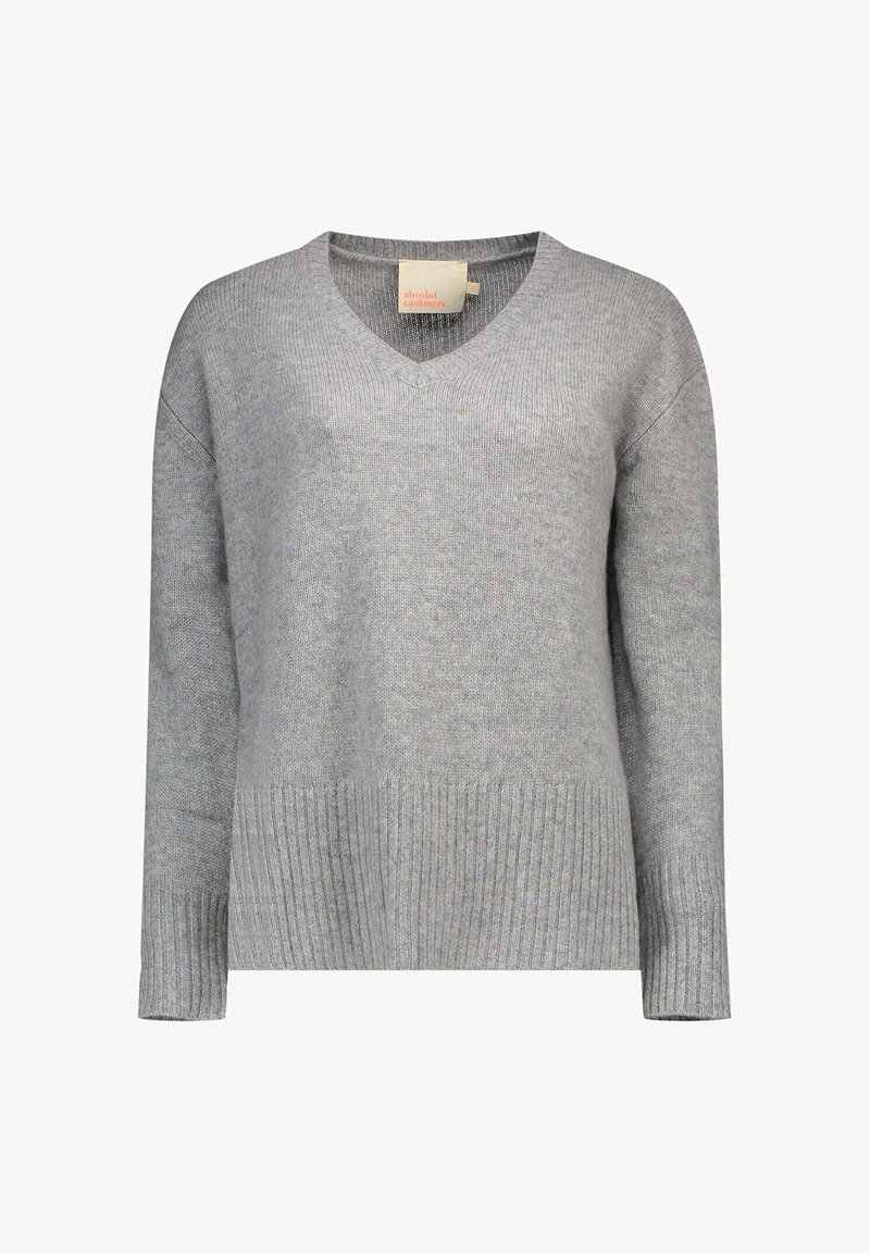 Maglione grigio in cashmere con scollo a V, maniche lunghe e orlo a coste. Tessuto morbido e vestibilità rilassata. Etichetta visibile all'interno del colletto.