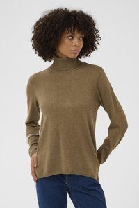 Olivgrüner Rollkragenpullover mit langen Ärmeln, geripptem Kragen und weicher Textur. Verfügt über eine lockere Passform und dezente Nahtdetails.