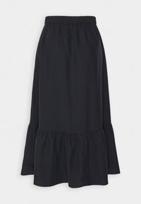 Jupe midi noire avec taille élastique et ourlet à volants froncés, en tissu léger.