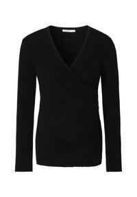 Schwarzes, geripptes Langarmoberteil mit V-Ausschnitt, das eine figurbetonte Form und glatte Textur aufweist. Keine sichtbaren Beschläge oder Muster.