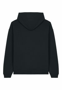 Felpa nera realizzata in morbido cotone felpato, con tasca a marsupio, polsini e orlo ribattuti, cappuccio con coulisse e una texture liscia.