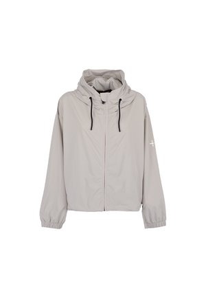 Giacca leggera grigio chiaro con cappuccio, zip frontale, coulisse nere, polsini elasticizzati e piccolo logo bianco a forma di croce sulla manica sinistra.