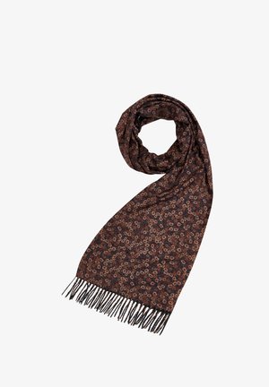 Sciarpa marrone con motivo floreale, bordi frangiati, realizzata in tessuto morbido. Il design presenta piccoli fiori chiari su uno sfondo scuro.