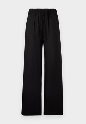Pantalon noir à jambes larges avec taille élastique et cordon, présenté à plat sur un fond gris clair.