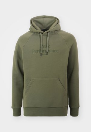 Olive green hoodie with a front kangaroo pocket, drawstring hood, and embroidered "Peak Performance" logo in matching color.