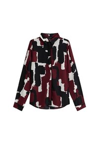 Camicia a maniche lunghe con un audace motivo astratto in bordeaux, nero e bianco. Realizzata in tessuto leggero con chiusura a bottoni.