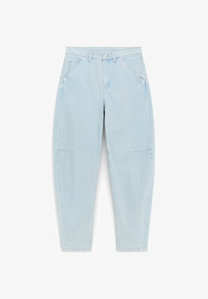 Šviesiai mėlynos spalvos džinsai iš džinso audinio su aukštu liemeniu, priekinėmis kišenėmis, užsegimu su sagomis ir užtrauktuku, siaurėjančiomis kojomis ir siūlių detalėmis keliuose.