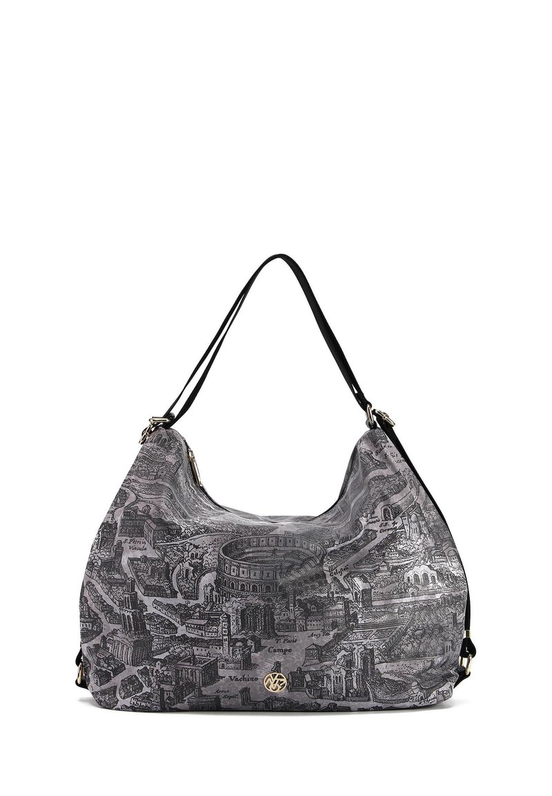 Borsa hobo con una stampa grigia che presenta antichi monumenti, tracolle nere, tessuto texture e un accento di logo dorato sulla parte frontale.